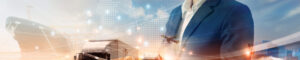 Contingency Planning - Businessman using tablet on logistic network distribution and smart transportation and networking intelligent logistics of truck and train container cargo ship, Logistic import export and industry.