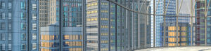 Security Threat Risk Assessment - Interior of the hall with curved glazed walls and a view of the skyscrapers